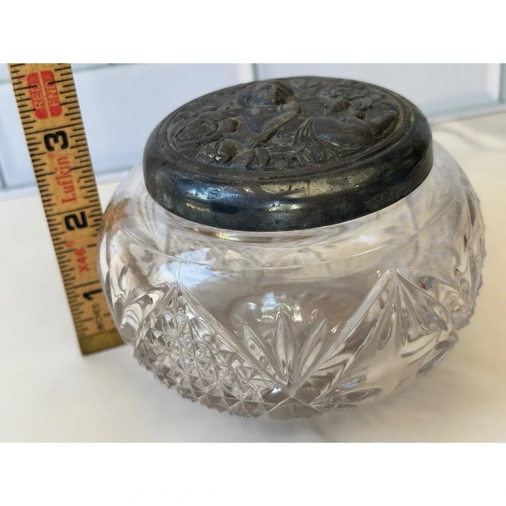 Vintage Cut Glass Powder Jar Cherub Repousse Metal Lid Vanity Trinket Bowl
